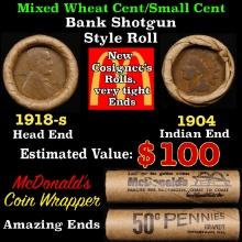 Small Cent Mixed Roll Orig Brandt McDonalds Wrapper, 1918-s Lincoln Wheat end, 1904 Indian other end