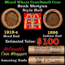 Small Cent Mixed Roll Orig Brandt McDonalds Wrapper, 1919-s Lincoln Wheat end, 1896 Indian other end