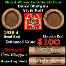 Small Cent Mixed Roll Orig Brandt McDonalds Wrapper, 1916-d Lincoln end, Wheat other end, 50c