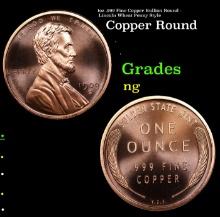 1oz .999 Fine Copper Bullion Round - Lincoln Wheat Penny Style