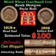 Small Cent Mixed Roll Orig Brandt McDonalds Wrapper, 1919-s Lincoln Wheat end, 1904 Indian other end