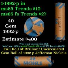 BU Shotgun Jefferson 5c roll, 1992-p 40 pcs Bank $2 Nickel Wrapper