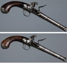 Pair of Silver Mounted Buckmaster Queen Anne Flintlock Pistols