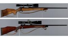 Two Weatherby Bolt Action Rifles with Scopes