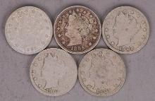 1883 No Cents, 1895, 1902, 1903 & 1904 Liberty V Nickels