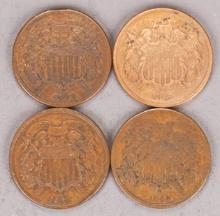 4 -US  Two Cent Pieces; 1864, 1865, 1867 & 1868