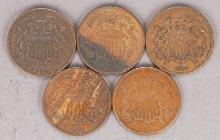 5 -US  Two Cent Pieces; 1864, 1865, 1866, 1867 & 1868