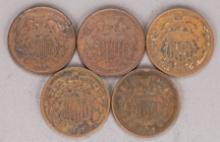 5 -US Two Cent Pieces; 2-1864, 1865, 1867 & 1868