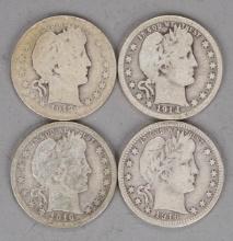 4 Barber Silver Quarters; 1912, 1914-D, 1916 & 1916-D