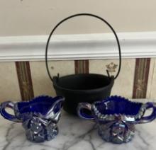 Creamer, Sugar Bowl, and Small Cast Iron Pot