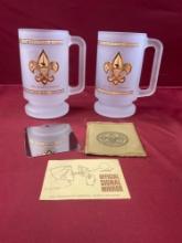 Vintage Boy Scouts Of America frosted glass beer mugs & official signal mirror. 3 pieces