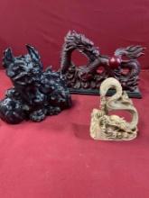 Vintage 5" x 4" beige dragon, 7" x 7" Willoughby Studio Foo Dog, 7" x 10" Chinese dragon red resin.