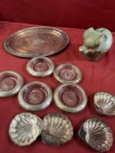 Vintage. 4) Gotham clam shell 5) sterling silver & pressed glass coasters 11" x 9 tray, 5" piggy