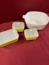 Vintage 3) Pyrex dishes with lids 1) Corning Ware bake dish no lid