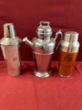 Vintage Continental Silver Co cocktail hammered shaker pitcher and 2 stainless steel shakers