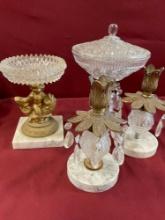 Vintage glass/ metal/ marble . 8" Candy dish, set of 8" candle holders, 11" bowl with lid. 4 pieces