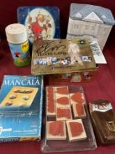 Vintage games, empty tin containers, stamps, etc. 7 pieces