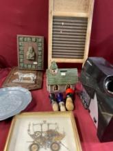 Vintage items. Wall deco, piggy bank, Emerson dispenser, washboard, shave brushes. 10 pieces