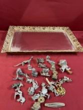 Vintage mirrored tray and assorted metal/brass pewter figurines. 38 pieces