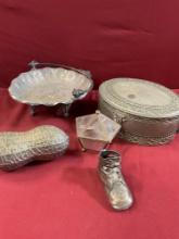 Vintage. FB Rogers 8" peanut, jewelry box,baby shoe , James W 2741 plate, pewter jewelry box. 5