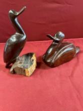 Vintage Hand carved mahogany duck 5.5" x 9" & hand carved pelican 8.5" x 5"