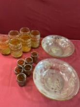 Vintage 6) 4" glasses 6) 2" owl shot glass 2) 9" plates. 14 pieces