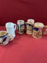 Vintage German mugs/ steins. Sizes 3" -5". 5 pieces