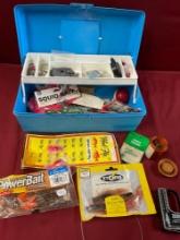 Plastic tackle box and assorted fishing items