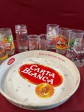 Vintage Carta Blanca round tray & 9 assorted collectible glassware