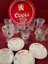 Vintage Coors round tray , 8) collectable glassware, 4) 6" Coors plates. 13 pieces