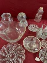 Vintage assorted glass containers, salt & pepper shakers, bowls. 11 pieces