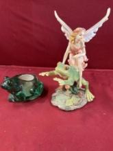 9" x 6" pink fairy & frog & 3" x 4" glass frog candle holder