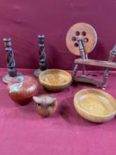 Vintage wood items. 2) 8.5 candle holders 2) 6" Myrtlewood bowls & 4"owl, spinning wheel. 7 pieces