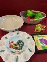 Vintage Ceramic and glass bowl, deviled egg plate, wall deco, napkin holder, 5) glass veggie/ fruit.