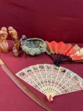 Vintage wood figurines, sword, bowl, fans. 7 pieces