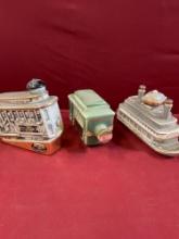 Vintage River Queen OBR, Jim Deam trolley, Ezra Brooks cable car, empty decanters. 3 pieces