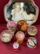 Vintage tray made in Britain & 7 assorted snow globes