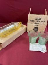 Vintage Tiara glass 2) 3.5" green glass ware 1) yellow 10" dish. Both in original packaging