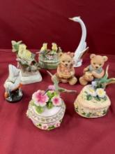 Vintage 2) Hummingbird musical jewelry boxes both work & assorted figurines. 8 pieces