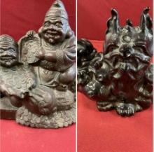 Vintage 10" x 9" Figure of a guardian God pottery & 6" x 7" Willoughby Studio 1961 Mom& Baby Foo Dog