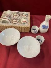 Vintage Japanese items. 2) Sake sets , 2 rice bowls.