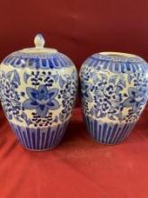 Vintage 10" blue & white porcelain, made in China decorative jars only one has lid. 2 pieces