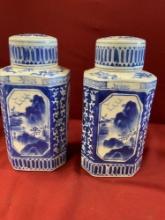 Vintage 10" blue and white porcelain jars with lids. 2 pieces