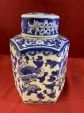 Vintage 9" blue and white porcelain hexagon jar with lid