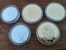 Group of 5 Silver & Gold Plated Coins in Holders German 5 Marc Etc.