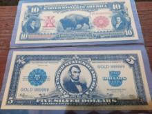 2 24K Gold Foil Bills Note $10.00 & $5.00