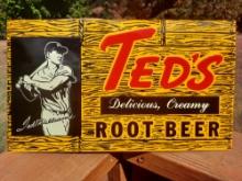 1989 NOS Mint Ted's Delicious Creamy Root Beer Embossed Tin Metal Sign