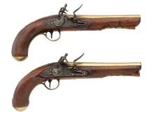 Pair of Brass Barrel Flintlock Canadian Militia Style Pistols by W. Ketland & Co.