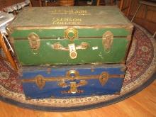 2 Vintage Metal Foot Lockers Sears Navy Blue Army Green w/Insert Tray. Both w/Clemson