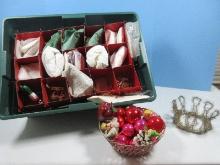 Lot Rare Find Miss Christmas 1960 Tinsel Crown, Rubbermaid Ornament Box w/Misc Ornaments